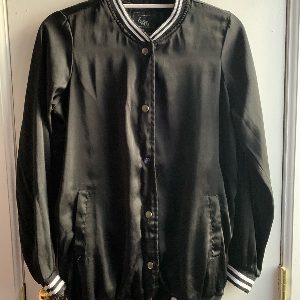 Black and White Striped Satin Varsity Jacket